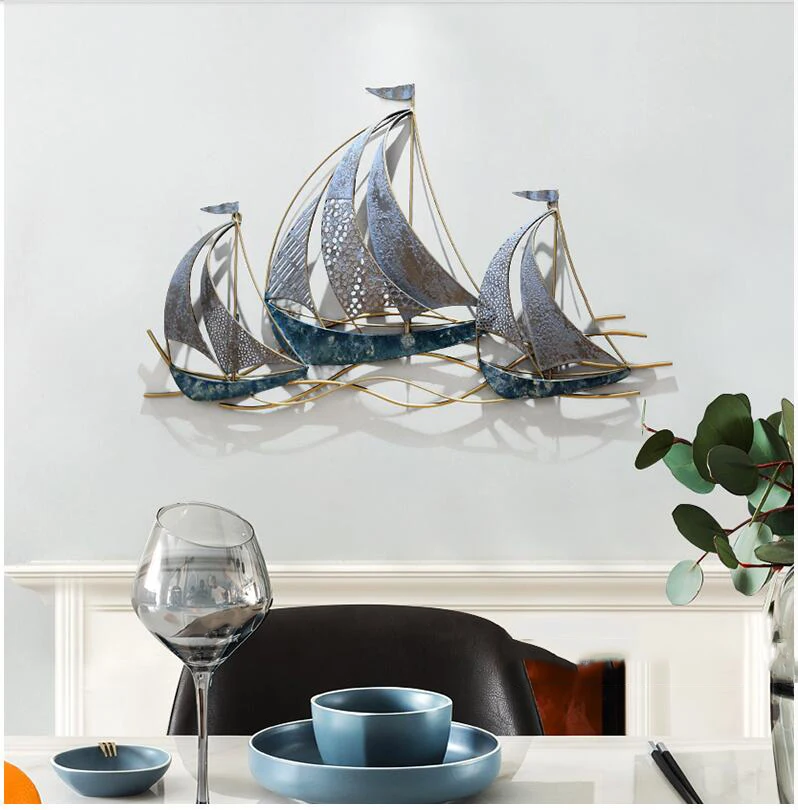 Modern Wrought Iron Sailboat Wall Mural Hotel 3D Wall Sticker Decoration Home Livingroom Background Wall Hanging Ornament Crafts