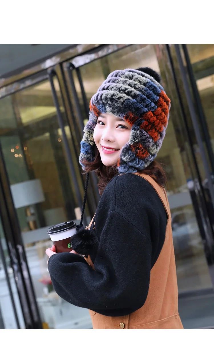 Real Rex Rabbit Fur Hat Knitted Fur Ball Winter Warm Cap with Earflap Fashion Sweet Fluffy Beanies