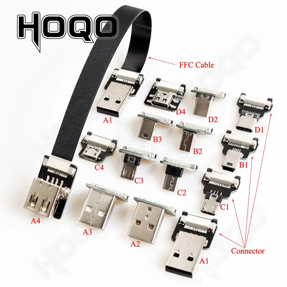 Wstążka Płaskie złącze FPV Micro-USB Elastyczny kabel Raspberry Pi 4 Micro USB/Mini USB męski do męskiego 90 stopni FFC 20pin Elastyczny