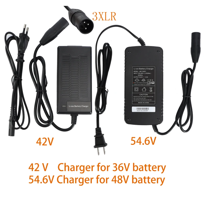 Li-ion Battery Charger for Electric Bike, Scooter, Lithium, Universal Charger, 3 Pin XLR Male, 36V, 48V, 52V