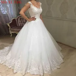 Customized Princess Lace Appliques Wedding Dresses Cap Sleeves Beaded Arabic Sweep Train Bridal Gowns A Line Vestido De Novia