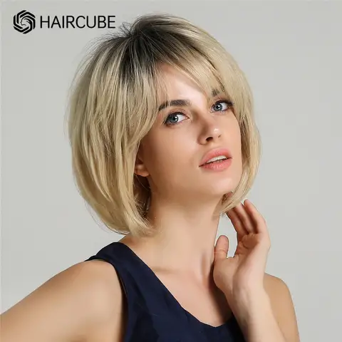 HAIRCUBE-Peluca de cabello humano para mujeres blancas, Pelo Corto con flequillo, color rubio degradado, Natural, resistente al calor