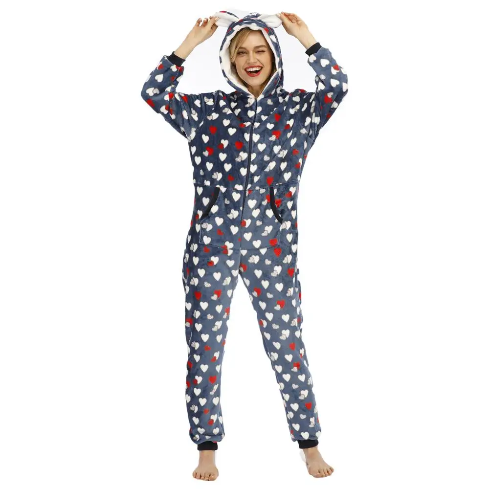 

Flannel Women Pajamas Cute Ears Hooded Jumpsuit Plush Onesie Sleepwear Love Print Nightwear Zipper Full Sleeve Romper Nightgown