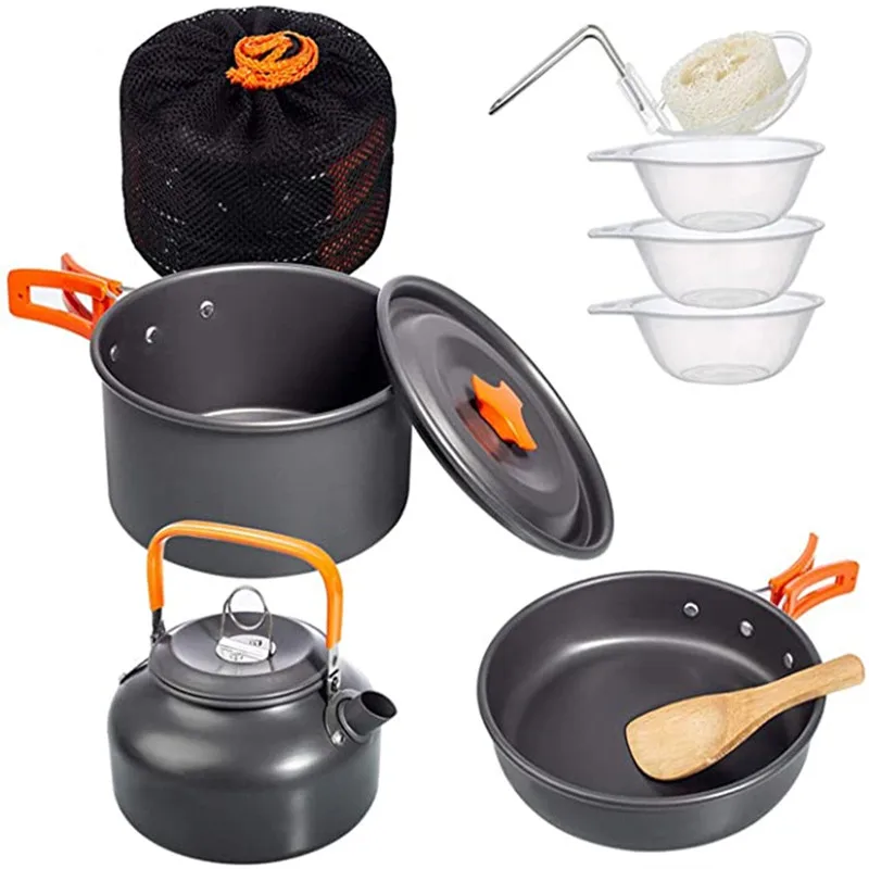 

Outdoor Camping Cookware Set Portable Aluminum Cookset Tableware Picnic Water Kettle Pot Pan Bowl Spoon Kit With Mesh Bag