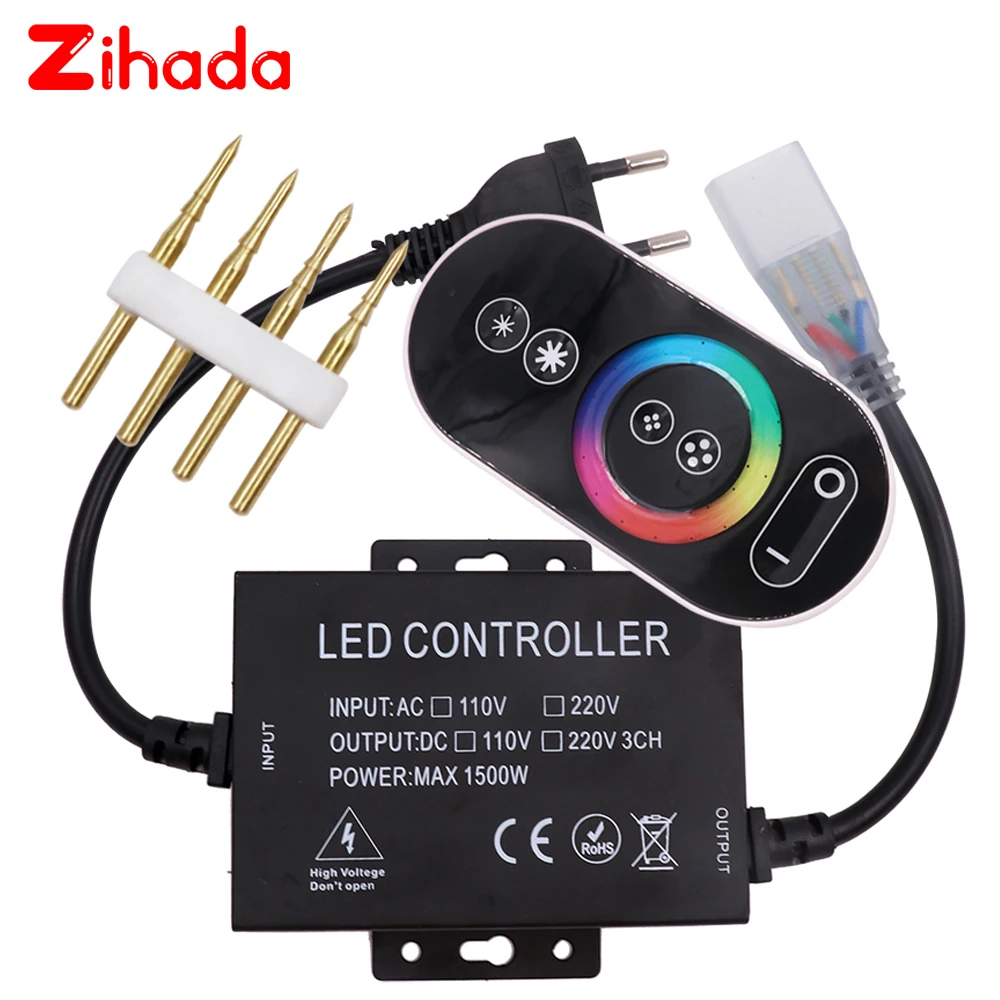 

Full Touch LED RGB Controller AC110V/220V 1500W 8mm/10mm PCB RF Remote Led Strip Dimmer Controller With UK/US/EU Connector Plug