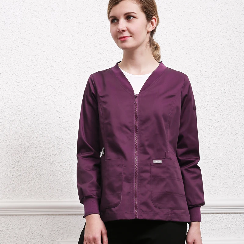 Scrub Jacket Unisex Workwear Outercoat Nurse Working Uniforms Light Weight Knitted Cuffs Zipper Front Tunic 19JK001