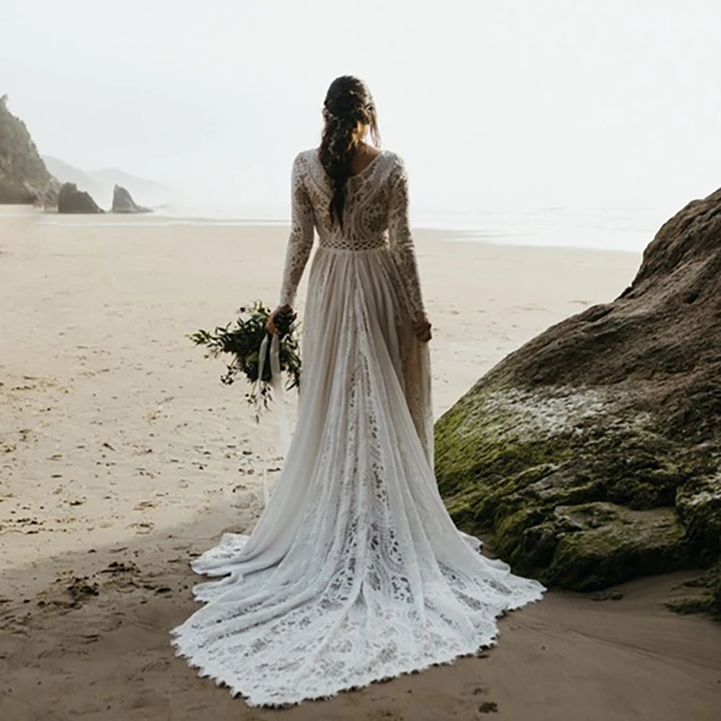 Bohemian Beach Boho Elopement Photoshoot Wedding Dress V Neck Lace Chiffon A Line Seaside 2021 New Long Sleeve Bridal Gown