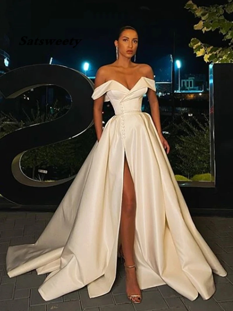 A-Linie Ballkleid Frühling Satin von der Schulter V-Ausschnitt hoch geschlitzt langes Abendkleid formale elegante Vestidos de Gala