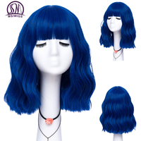 MSIWIGS Short Wavy Blue Bobo Synthetic Cosplay Wigs for Women Orange Red Green Heat Resistant Hair with Bang for Girl