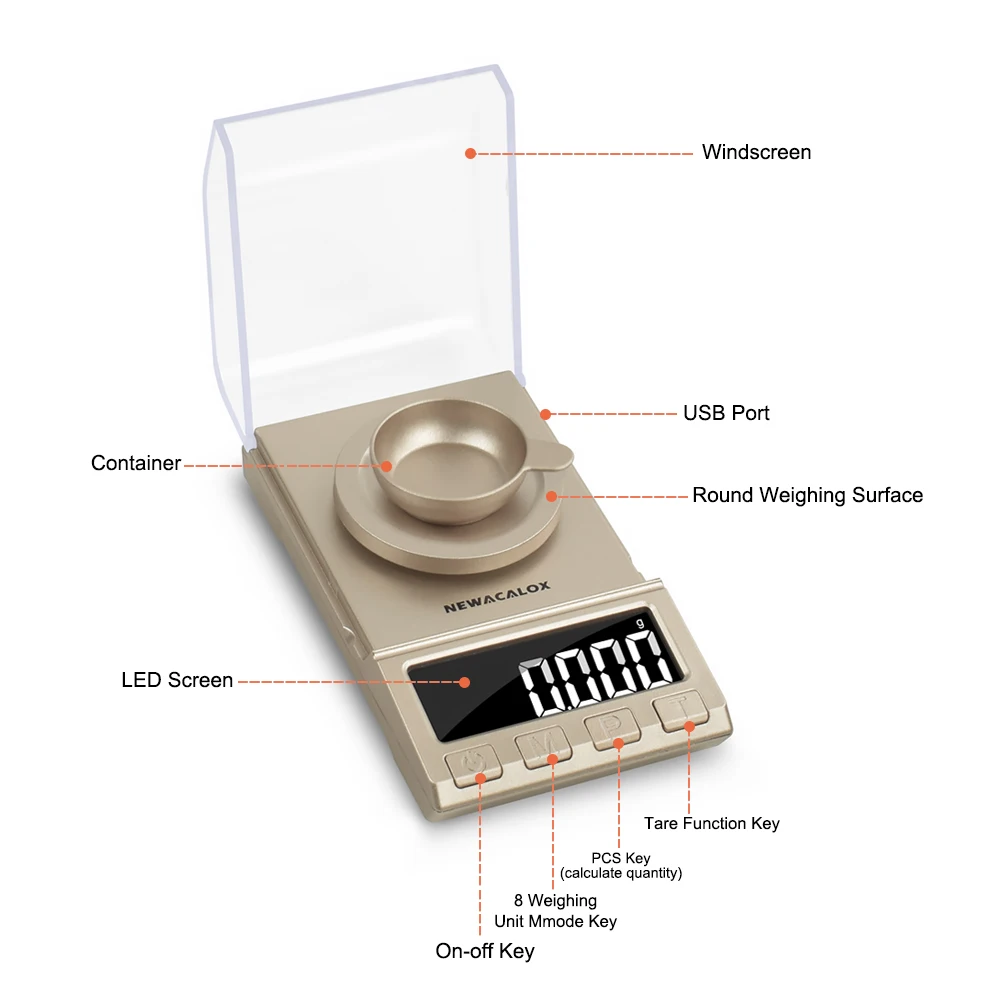 Newacalox-精密デジタルジュエリースケール,lcdディスプレイ付き電子はかり,0.001g,50g/100g/200g,usb電源,0.001g