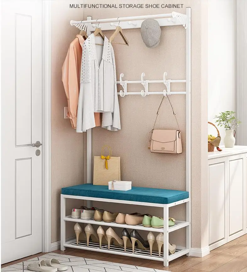 

Clothes hanger landing door multifunctional wrought iron coat rack indoor household shoes changing stool hanger integrated rack