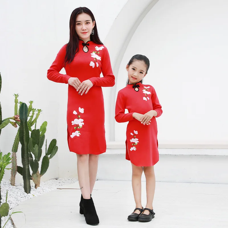 New Winter Chinese National Wind and Parent-child Loaded Long Creative Cheongsam Show Clothing Manufacturers