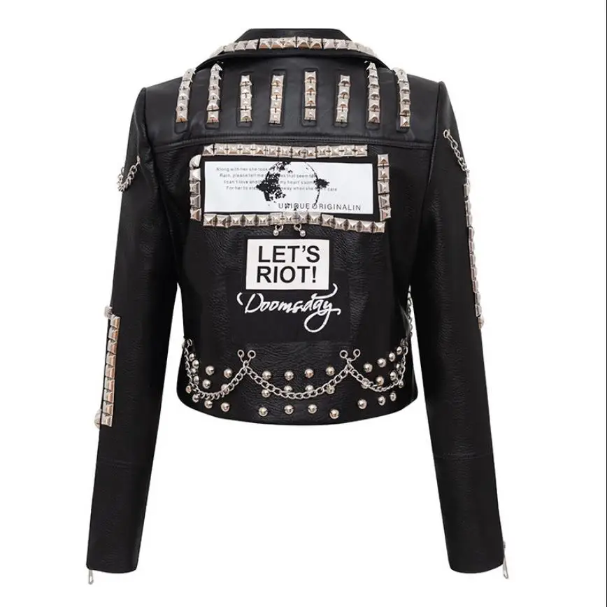 3D Graffiti soft pu leather jackets female cartoon Leather Jacket rivet beading Punk Rock Cropped leather Outerwear F2217