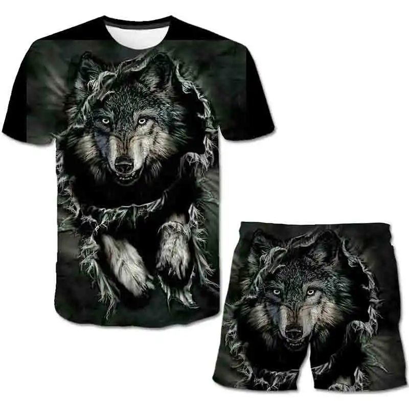 Neue männer casual shorts sommer laufen outdoor shorts 3D drucken Farbe glow wolf Shorts + T hemd Anzug Sets shorts lässig bademode