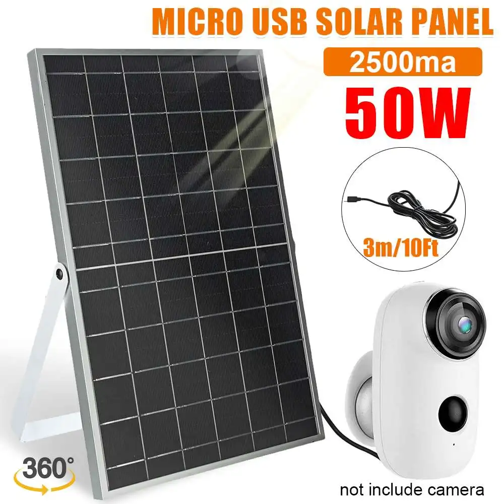 50W Solar Panel 6V Micro USB for Security Camera Monocrystal Silicon Outdoor Solar Power Panel Charger With 3m Charging Cable