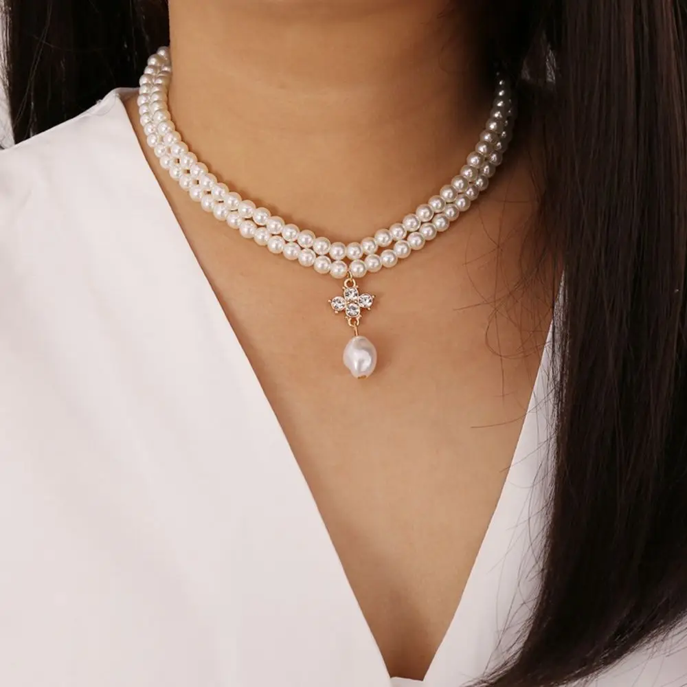 Vintage Double-layer Pearl Choker Necklace For Women Fashion Cross Pendant White Imitation Pearl Necklaces Trend Jewelry