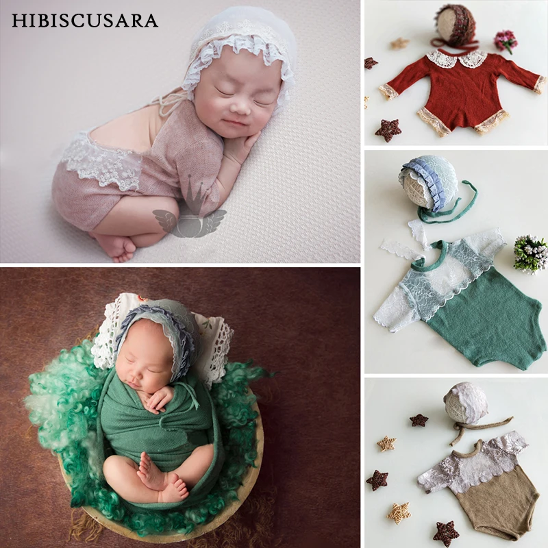 Wholesale Newborn Baby Photo Shoot Clothing Photography Studio Costumes Infant Boy Girl Rompers Lace Knitted Hat Wrap Sets