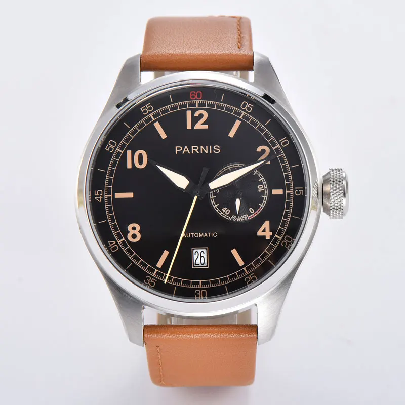 PARNIS 48mm Automatic Men's Wristwatch Power-reserve display Black Dial Auto Date 2C30 Movement big face leather strap