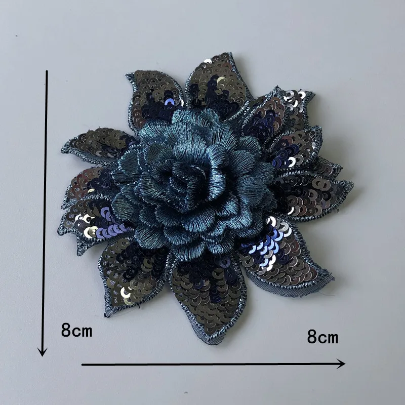 1Ps 3d Blue Patch Sequin Flower Embroidery Applique Mesh Fabric Sew Clothing Wedding Dress Jean Accessroy Diy Crafts Lace Patch