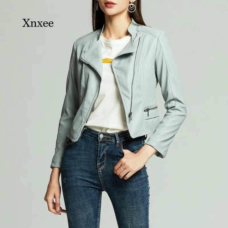 

2021 Women's Faux Leather Jacket Autumn and Winter Ladies Basic Short Slim Faux Pu Leather Zipper Motorcycle Jacket