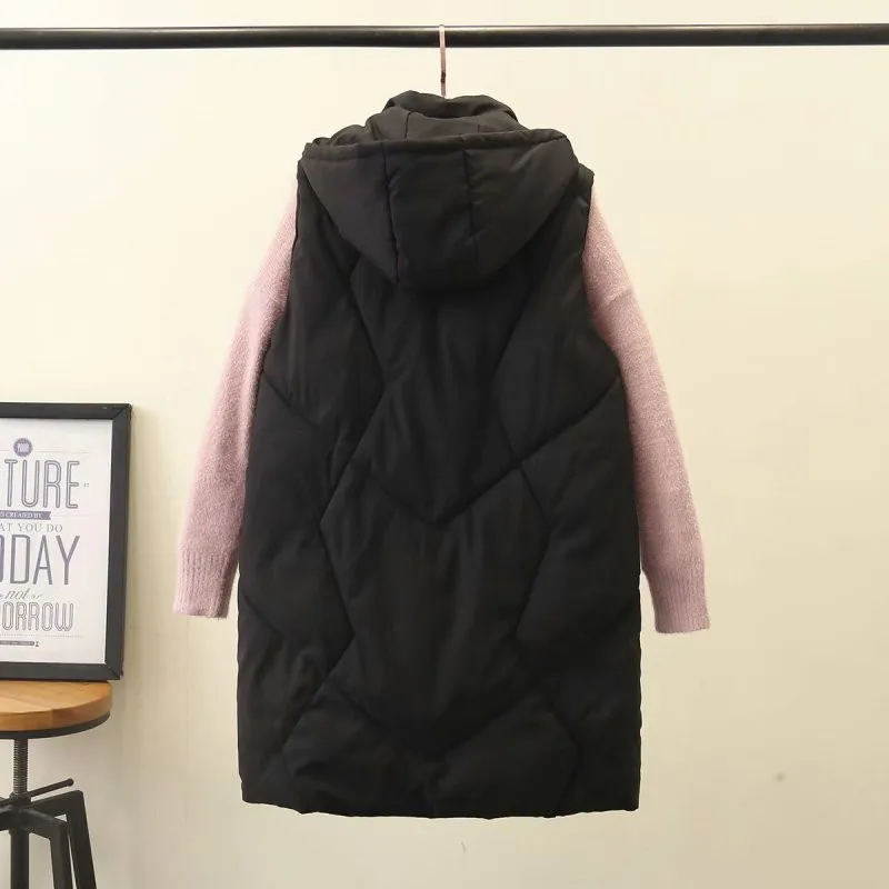 Plus Size Winter Padded Vest Coat For Women 5XL Hooded Sleeveless Mid-length Thick Cotton Interlayer Large Size Outside Jacket