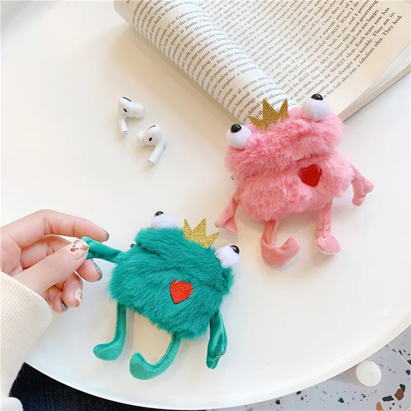 New Cartoon Cute Plush Toy Frog Prince with Crown Headphone Cases For Apple Airpods pro3 Funny Flannel Protection Earphone Cover