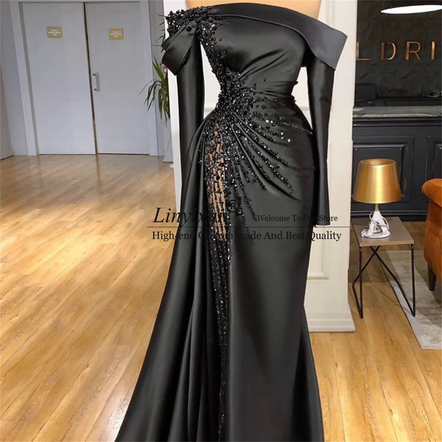 Luxury Black Evening Dresses Off The Shoulder Long Sleeve Beading Split Women Prom Pageant Gowns Plus Size Robes De Soirée