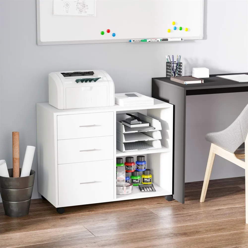 HOMCOM office cabinet with space for printer with 3 drawers adjustable shelf wheels large capacity white storage