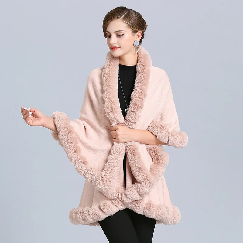 Fashion Full Handcraft Trim Rabbit Fur Coat Cape Women Double Layer Knit Cardigan Faux Fur Shawl Cloak Fall Winter Wraps Warm