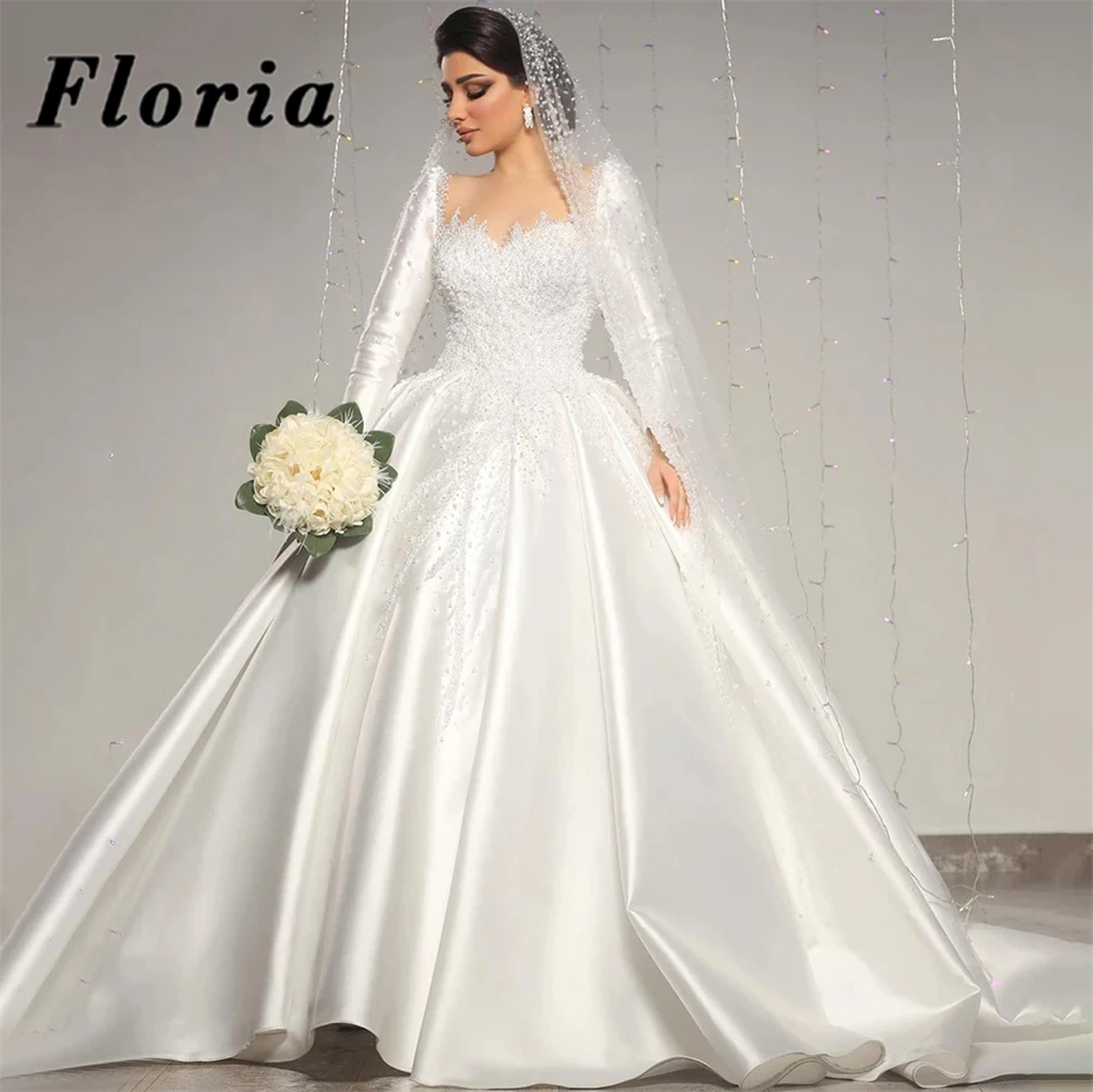 

Floria Exquisite Dubai Satin Pearls Wedding Dresses Abendkleider Beaded Bride Dresses Saudi Arabia Bridal Gowns Vestido De Noiva