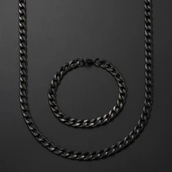 2024 New 8MM Stainless Steel Black Chain Necklace Bracelet Fashion Jewelry Set For Men Punk Hip Hop Style Drop shipping