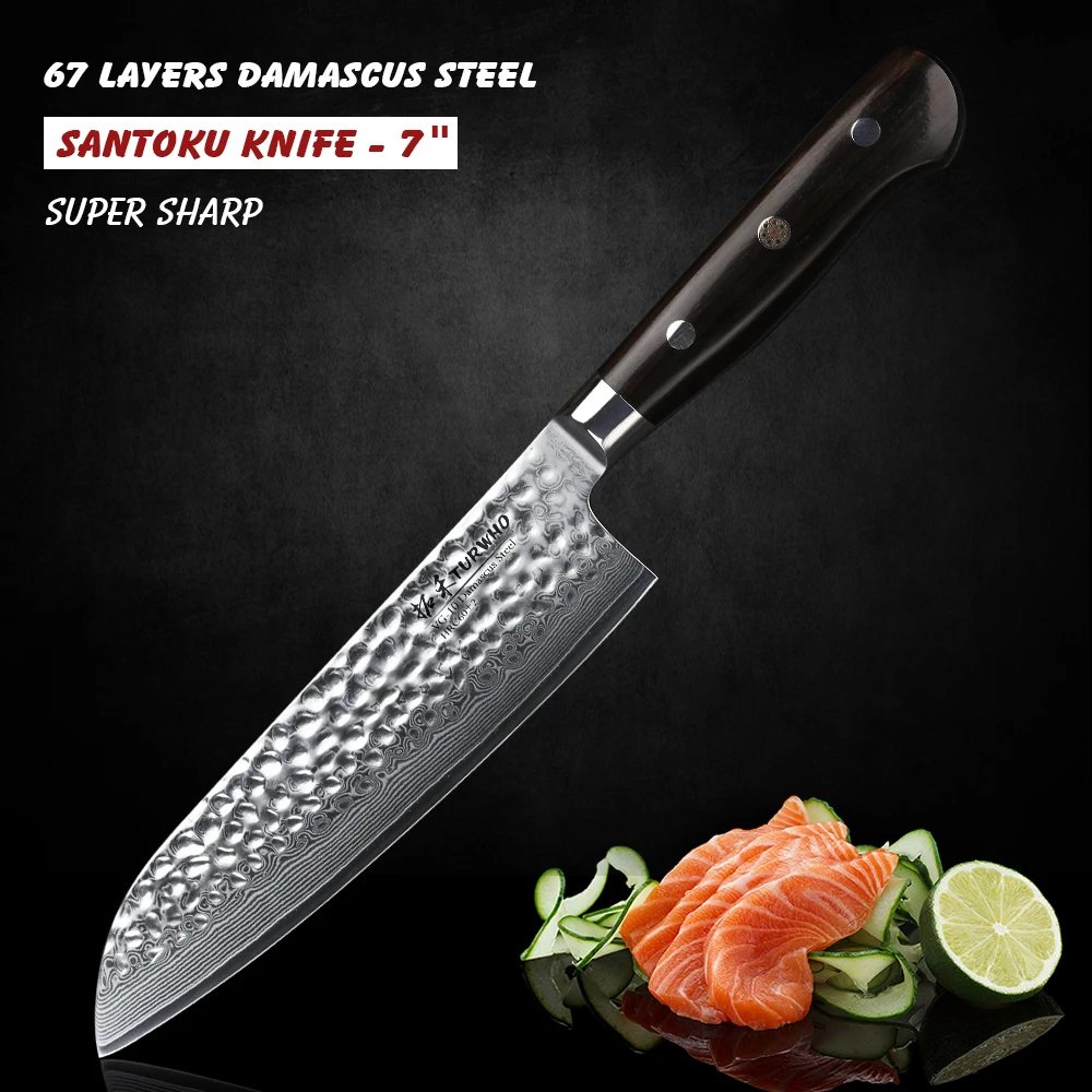 TURWHO 7'' High quality Japan Chef knife VG-10 Damascus Steel Santoku Knife Pro Dealing with Meat Fruit Vegetable kitchen knife