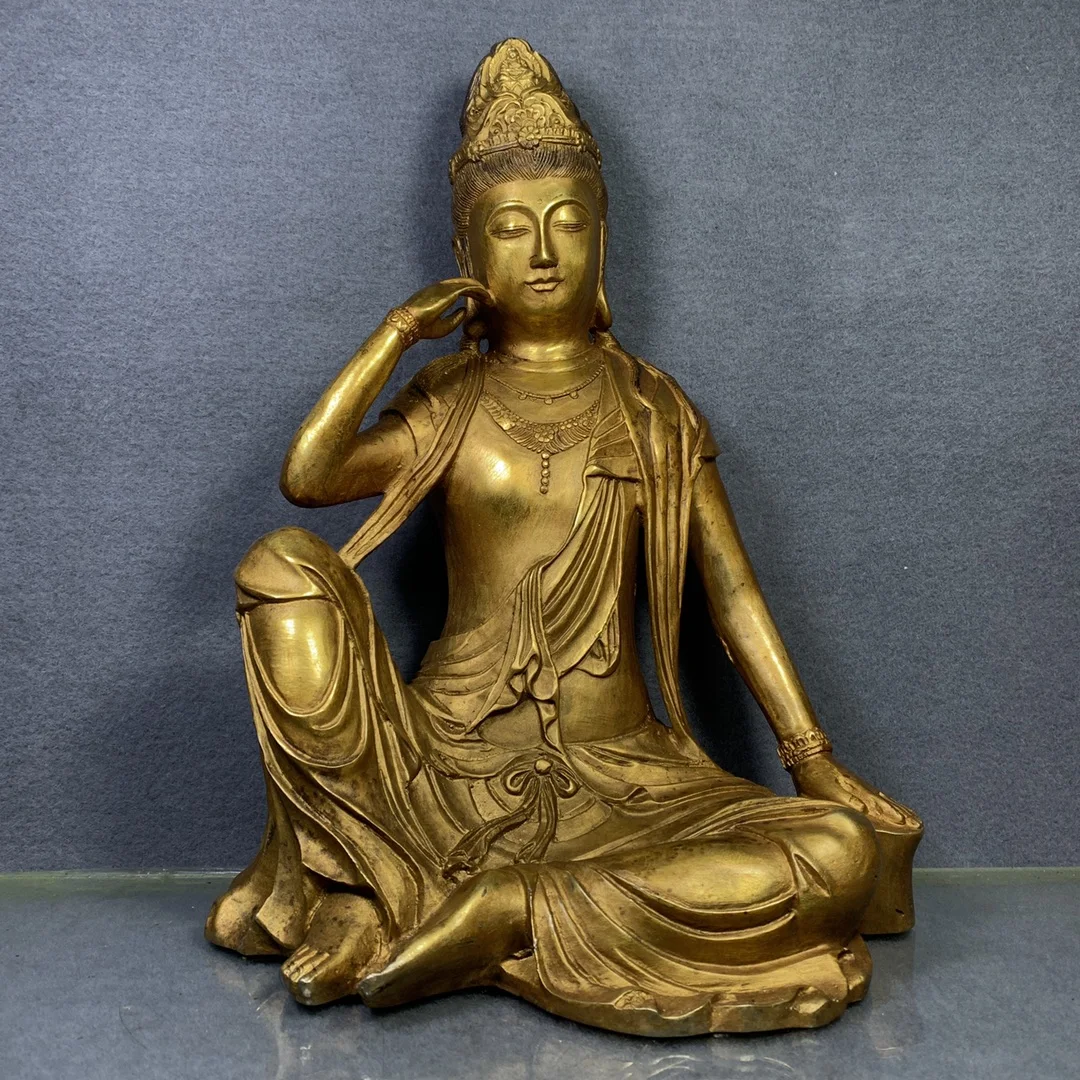 

13"Tibetan Temple Collection Old Bronze Gilt Comfortable Guanyin Bodhisattva Statue Avalokitesvara statue Enshrine the Buddha