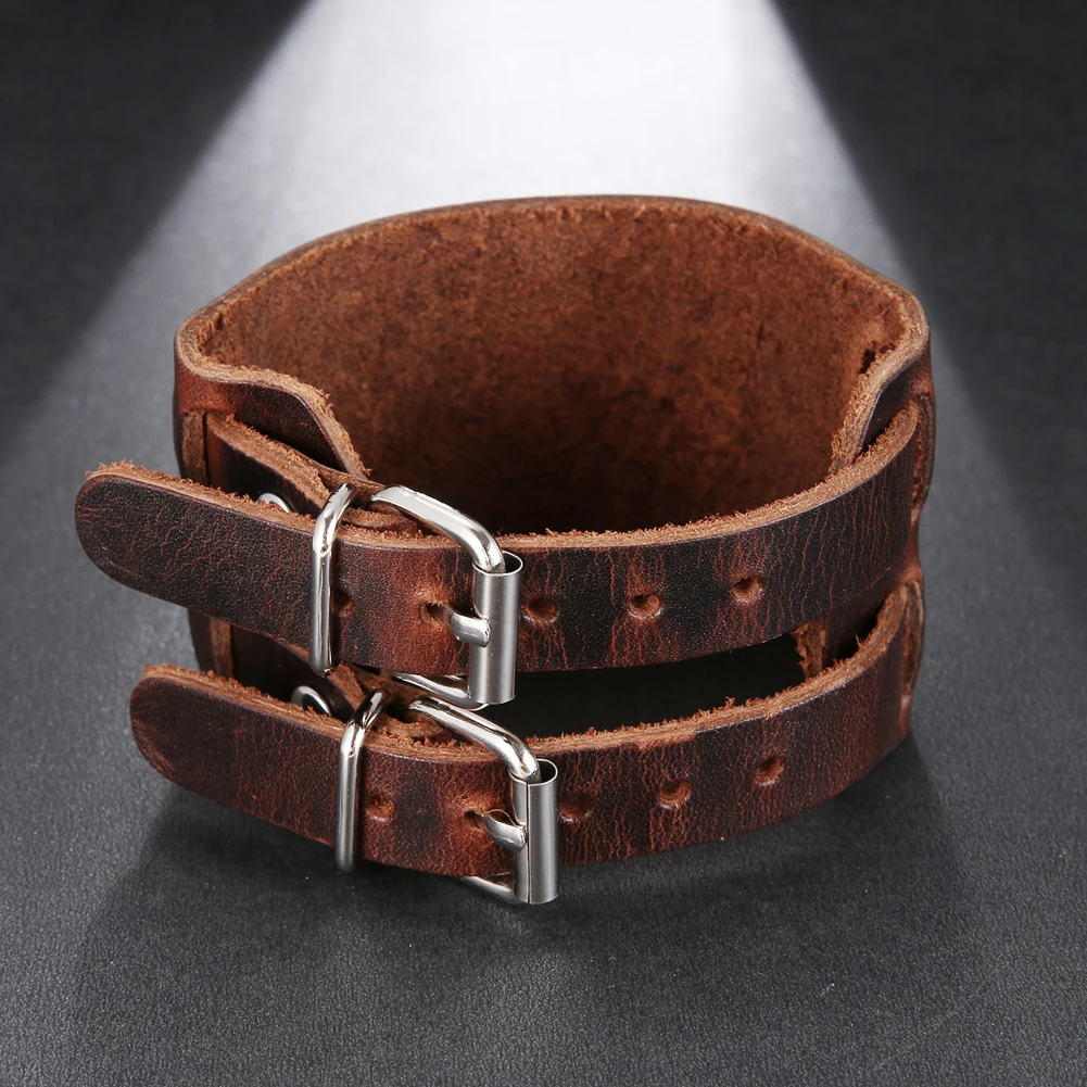 2024 Trend Jewelry Vintage Hand Woven Wide Leather Bracelet  Cuff Double Breasted Bracelet for Men Pulsera Hombre