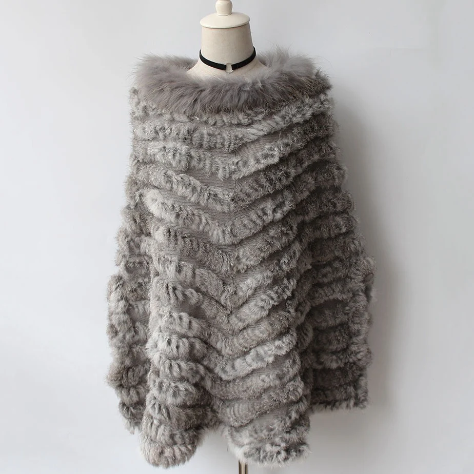 2021 Women Rabbit Fur Raccoon Fur Poncho Knitted Pullover Cape Real Fur Knitting Wraps Shawl Big Shawl