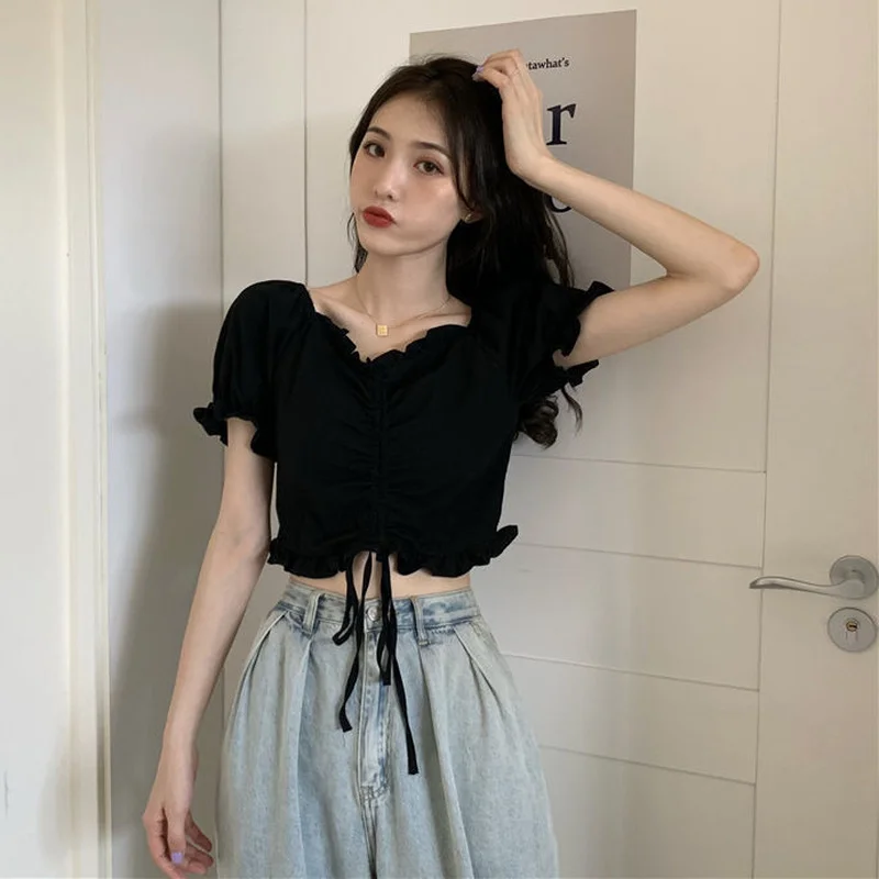 Blouses Women Crop Top Shirring V-Neck Trendy Design New Slim Tender Temperament Summer Short Sleeve Lady Pure All-match College