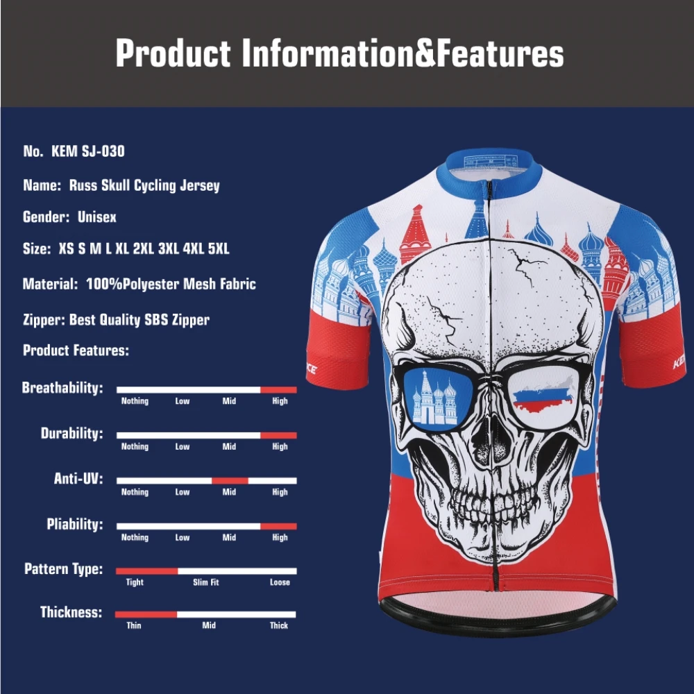 KEMALOCE Bike Jersey Russian Pro Breathable Summer Skull Racing Clothes Men Polyester Bicycle Shirts Maillot Cycling Wear