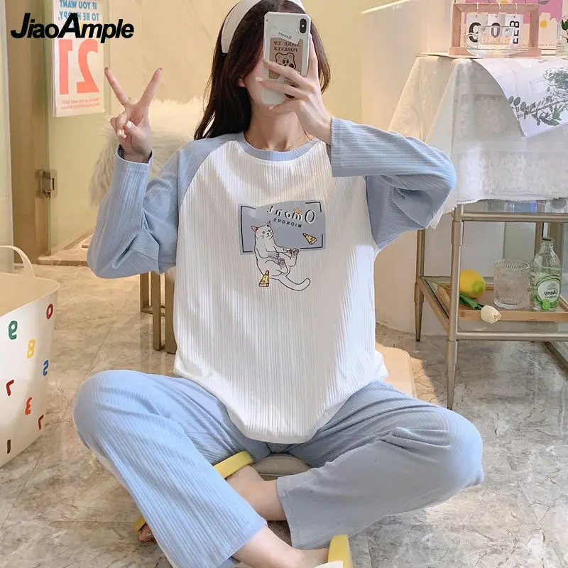 100% Double-sided Cotton Pajamas Women\'s Autumn New Long-sleeved Trousers Pijamas Set Korean Casual Nightie Sleepwear Suit