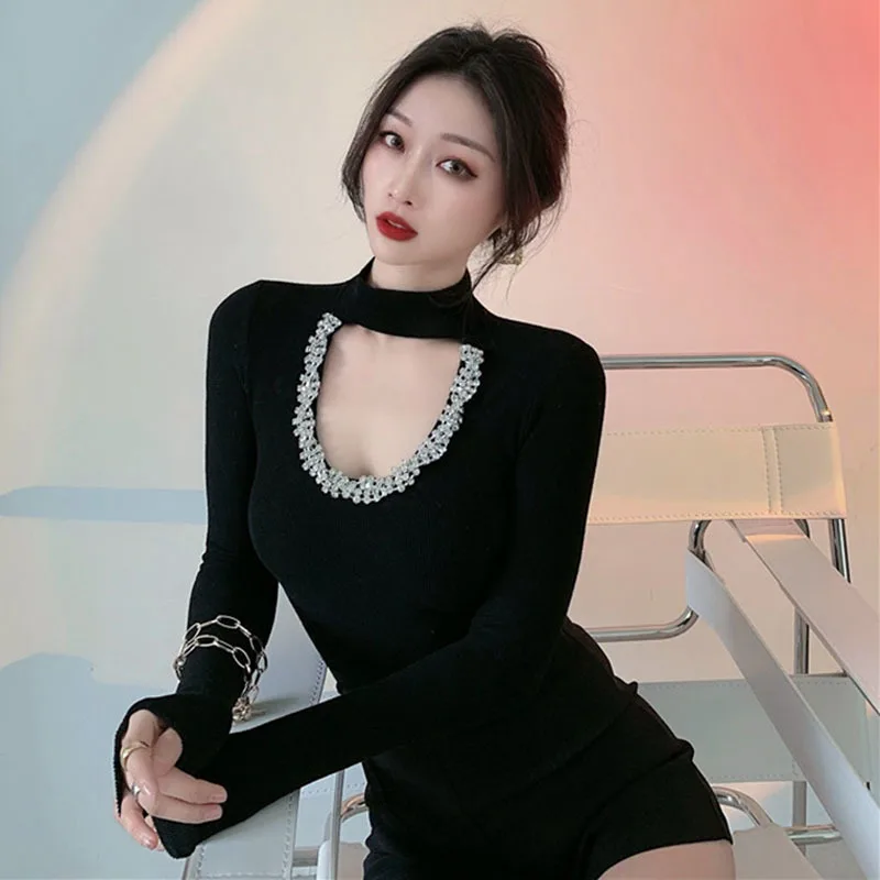 女性のためのセクシーなTシャツ,タートルネック,透かし彫り,ラインストーン,スリム,長袖,エレガント,2022