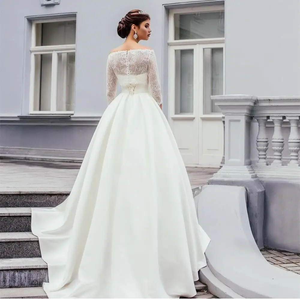 Vestido De novia De manga larga 2 en 1, prenda De vestir con cuello De barco y botones, De satén, color blanco, 2021