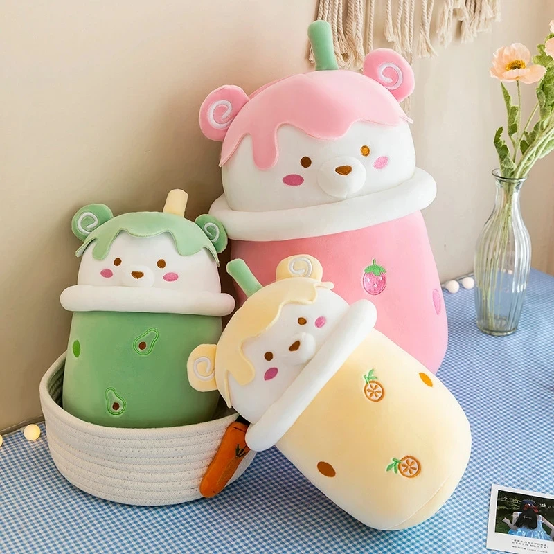 25-40cm Plush Toys Real-life Stuffed Soft Back Cushion Cute Cartoon Teddy Bear Bubble Tea Cup Shaped Pillow Funny Boba Food