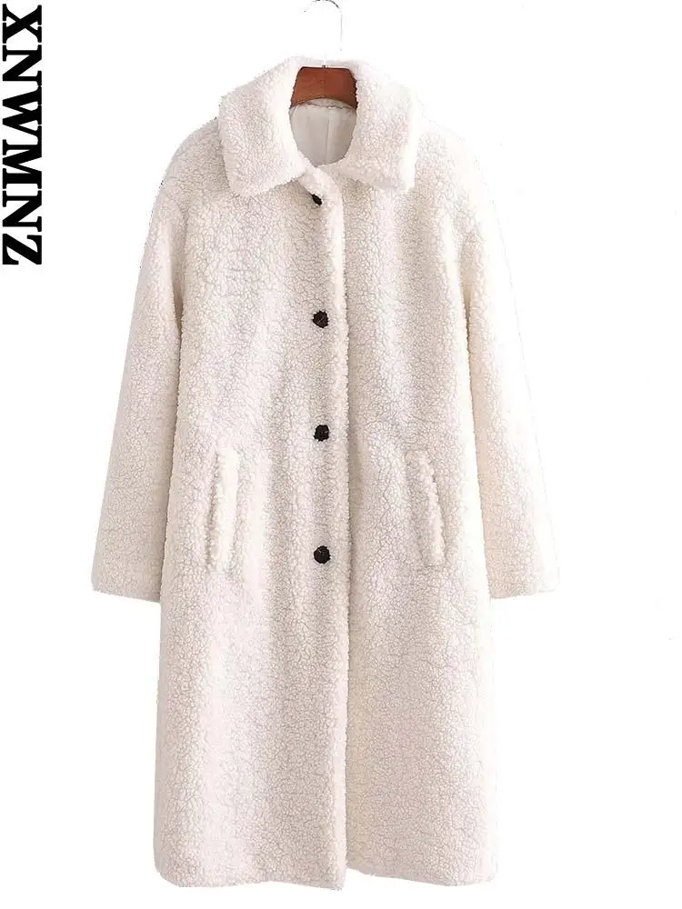 XNWMNZ 2024 women faux fur teddy jacket coat Women\'s Fashion lapel collar long sleeve side pockets Female coat Warm Winter