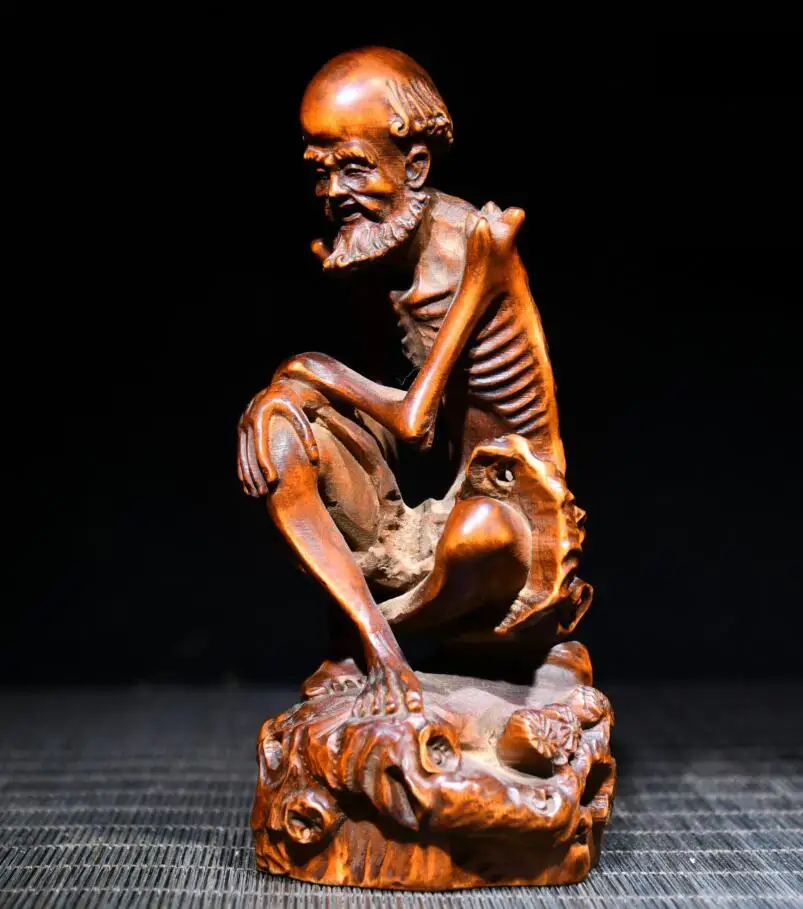 Vintage boxwood carved thin bone Arhat buddha statue home buddha hall desktop decoration ornament