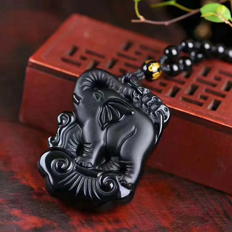 Natural Obsidian Pendants Necklace Mother Baby Cute Elephant Lucky Pendant With Natural Stone Beaded Chains Fashion Woman Man