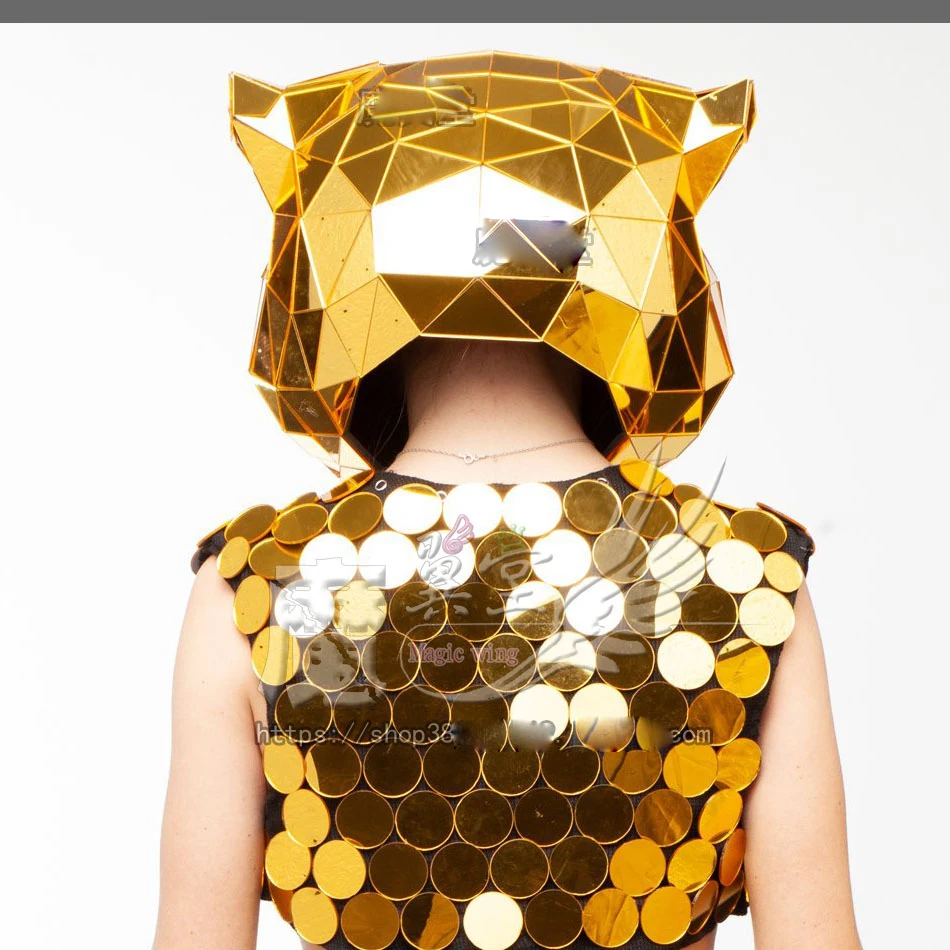 Future Technology Cosplay Gold Mirror costume hat Luxury Party Bar Nightclub  Female Animal Mask Singer dj Dance Team Stage wear