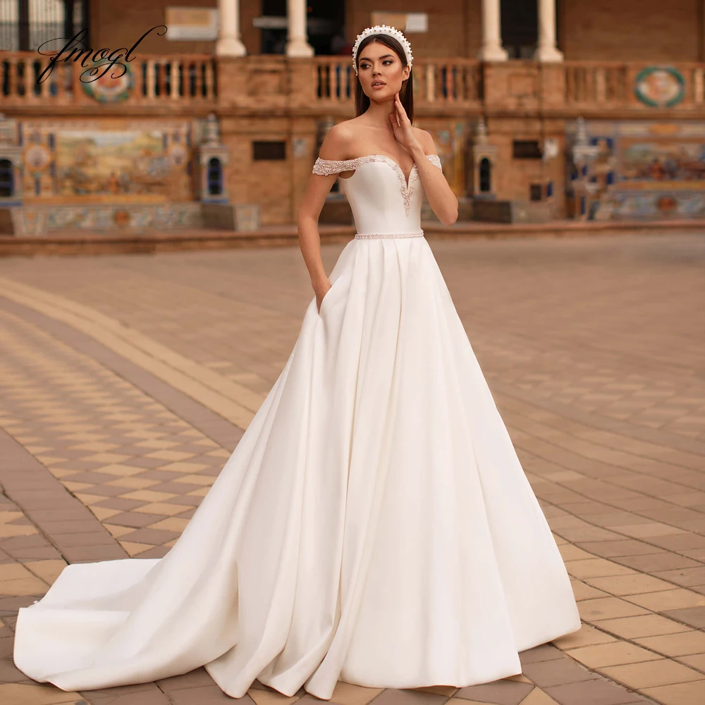 

Fmogl Vestidos De Noiva Sexy Boat Neck Vintage Wedding Dresses Luxury Beaded Pearls Sashes Matte Satin A Line Bride Gown