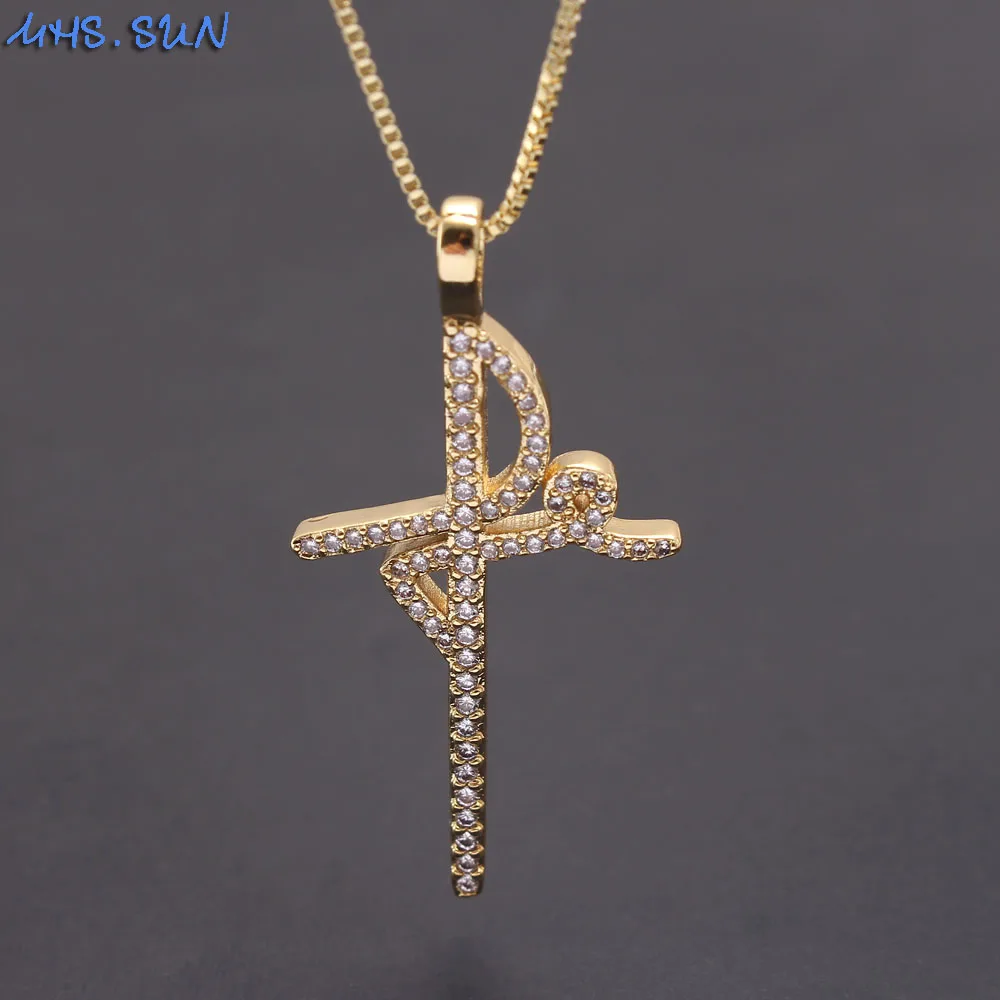 MHS.SUN New Women Cubic Zircon Jewelry Necklace With Fe Faith Cross Pendant Necklace Gold Silver Color CZ Crystal Chain Necklace