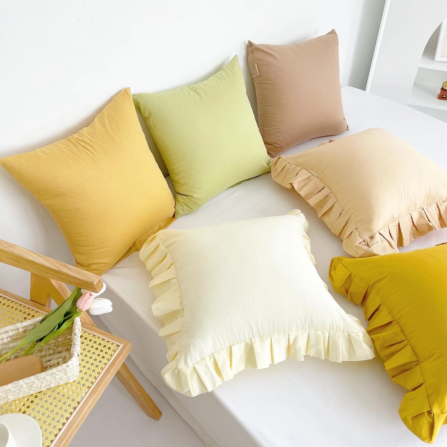 gentle color solid color cotton cushion cover cotton throw pillow case deocative frill lace pillow cover