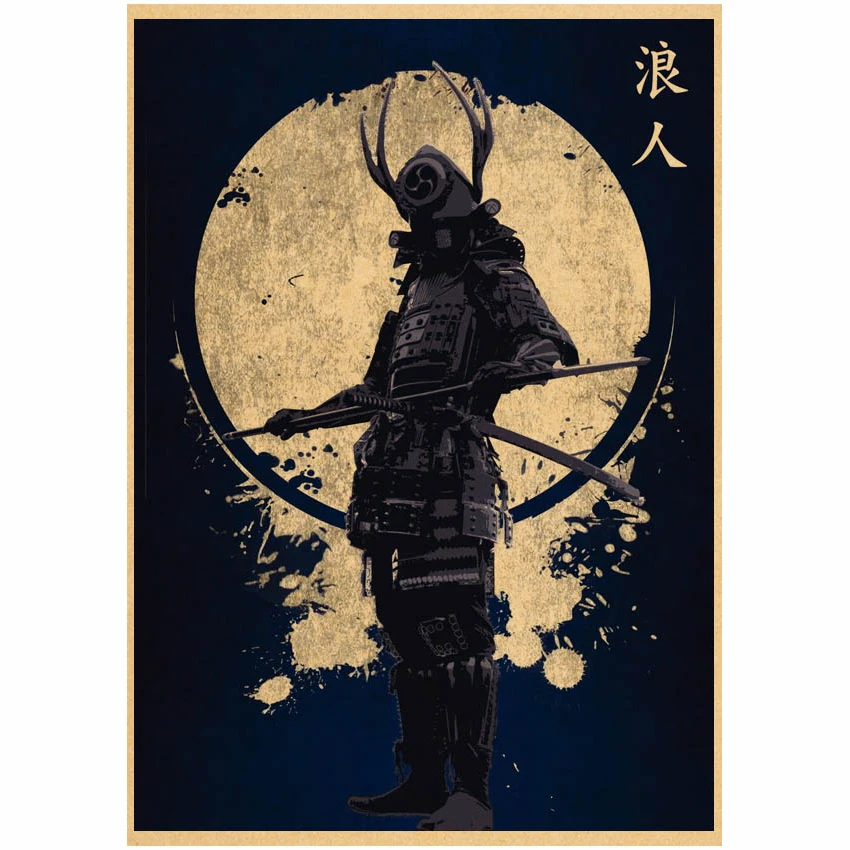 Japanese Samurai Posters Kawaii Kraft Paper Vintage Cartoon Wall Stickers Hoom Art Print Living Room Bar Cafe Decoration