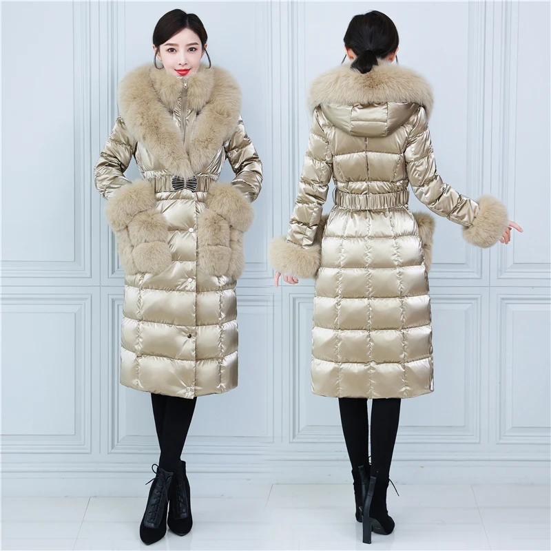 Русский теплый меховой пуховик Fit -30℃ cold Winter Glossy Duck Down Coats Female Large Real Fox Fur Hooded Parkas wy429